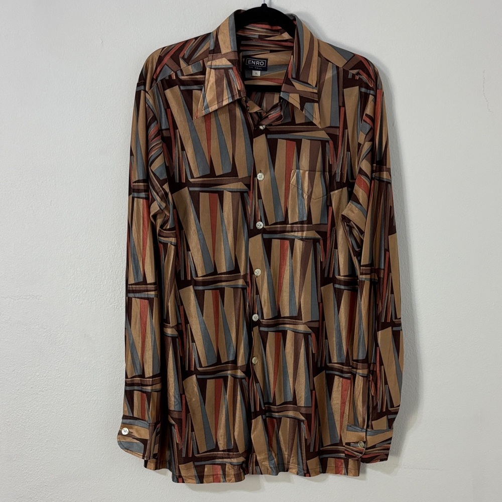 Enro 70s Men's Nylon Button Up Shirt Disco Psychedelic Geometric Earthy XL Brown